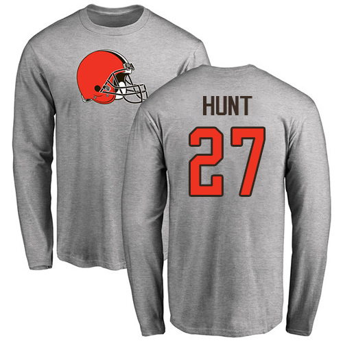 Men Cleveland Browns Kareem Hunt Ash Jersey #27 NFL Football Name and Number Logo Long Sleeve T Shirt